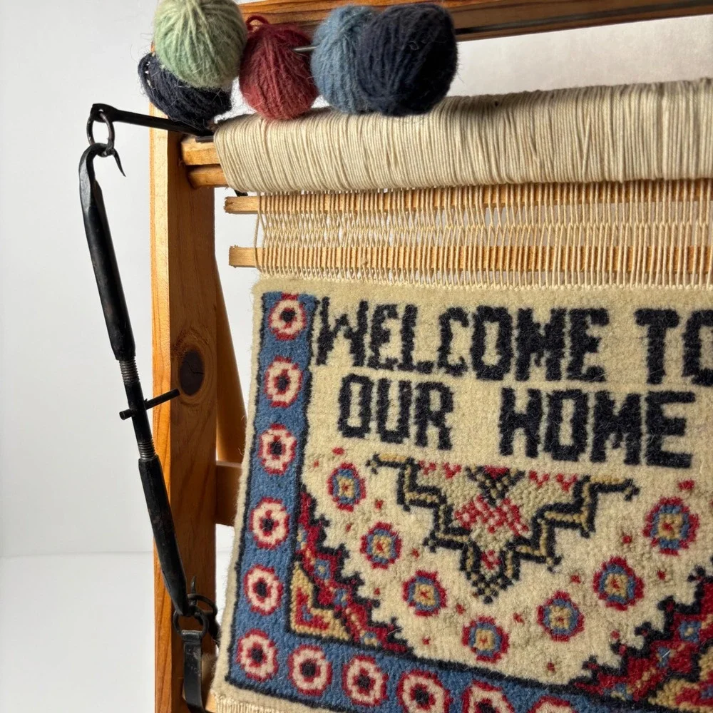Miniature Welcome to Our Home‎ Tapestry Rug on Wooden Loom Display